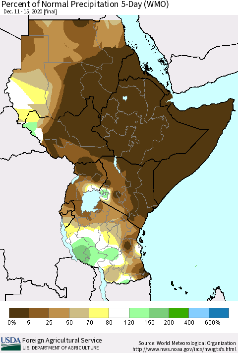 Eastern Africa Percent of Normal Precipitation 5-Day (WMO) Thematic Map For 12/11/2020 - 12/15/2020
