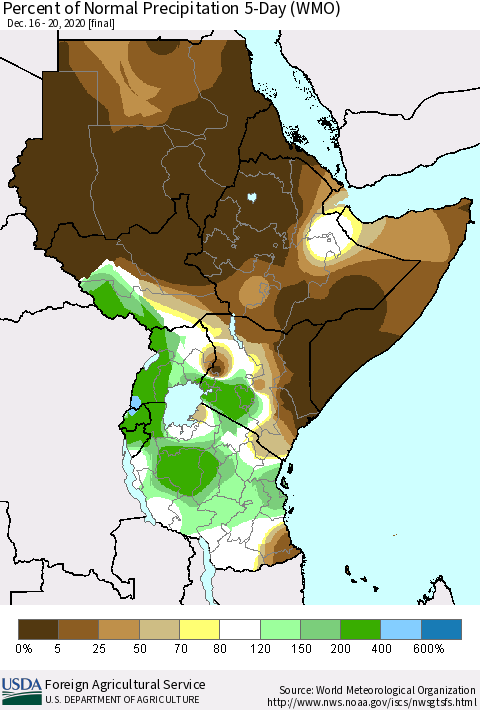 Eastern Africa Percent of Normal Precipitation 5-Day (WMO) Thematic Map For 12/16/2020 - 12/20/2020