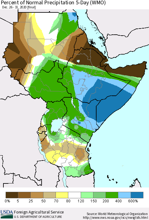 Eastern Africa Percent of Normal Precipitation 5-Day (WMO) Thematic Map For 12/26/2020 - 12/31/2020
