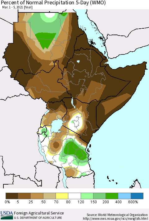 Eastern Africa Percent of Normal Precipitation 5-Day (WMO) Thematic Map For 3/1/2021 - 3/5/2021