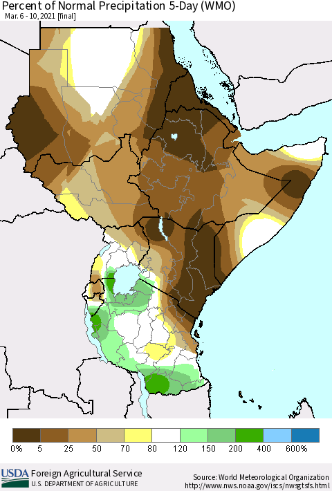 Eastern Africa Percent of Normal Precipitation 5-Day (WMO) Thematic Map For 3/6/2021 - 3/10/2021