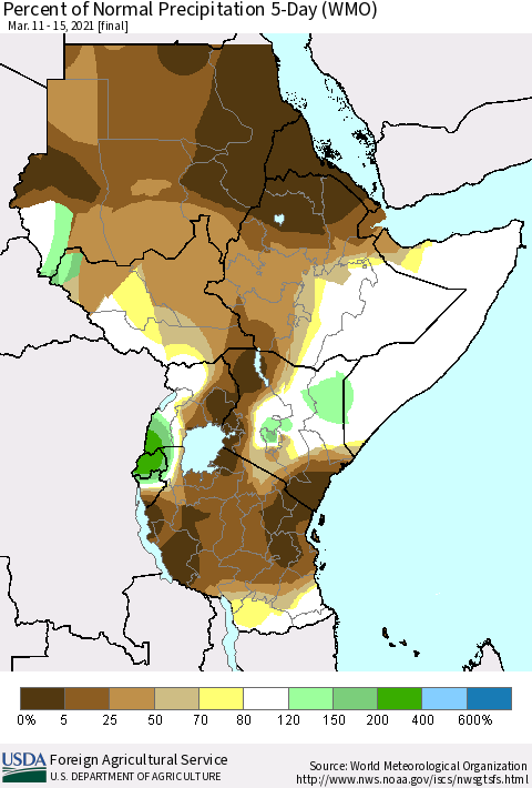Eastern Africa Percent of Normal Precipitation 5-Day (WMO) Thematic Map For 3/11/2021 - 3/15/2021