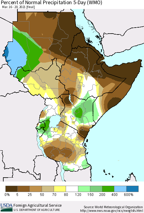 Eastern Africa Percent of Normal Precipitation 5-Day (WMO) Thematic Map For 3/16/2021 - 3/20/2021