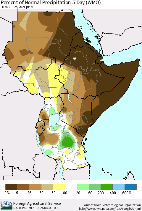 Eastern Africa Percent of Normal Precipitation 5-Day (WMO) Thematic Map For 3/21/2021 - 3/25/2021