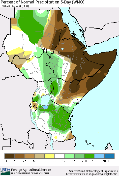 Eastern Africa Percent of Normal Precipitation 5-Day (WMO) Thematic Map For 3/26/2021 - 3/31/2021
