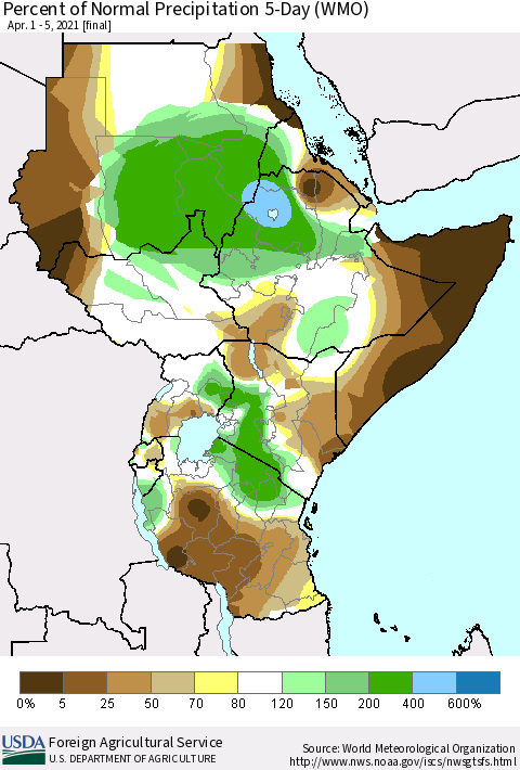 Eastern Africa Percent of Normal Precipitation 5-Day (WMO) Thematic Map For 4/1/2021 - 4/5/2021