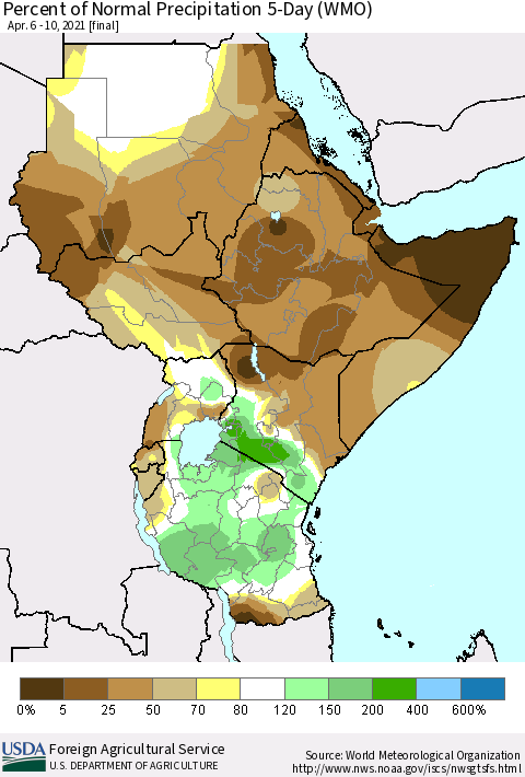 Eastern Africa Percent of Normal Precipitation 5-Day (WMO) Thematic Map For 4/6/2021 - 4/10/2021