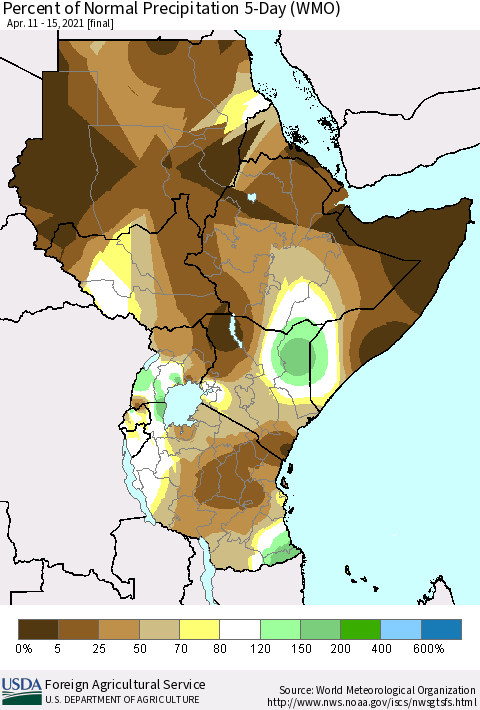 Eastern Africa Percent of Normal Precipitation 5-Day (WMO) Thematic Map For 4/11/2021 - 4/15/2021