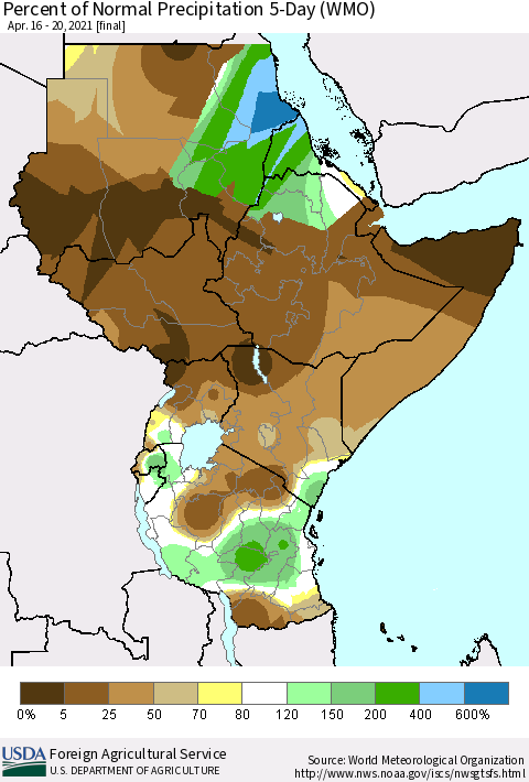 Eastern Africa Percent of Normal Precipitation 5-Day (WMO) Thematic Map For 4/16/2021 - 4/20/2021