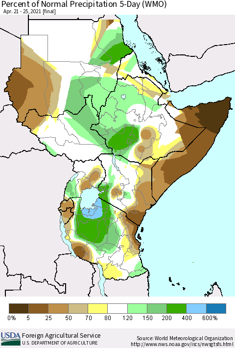 Eastern Africa Percent of Normal Precipitation 5-Day (WMO) Thematic Map For 4/21/2021 - 4/25/2021