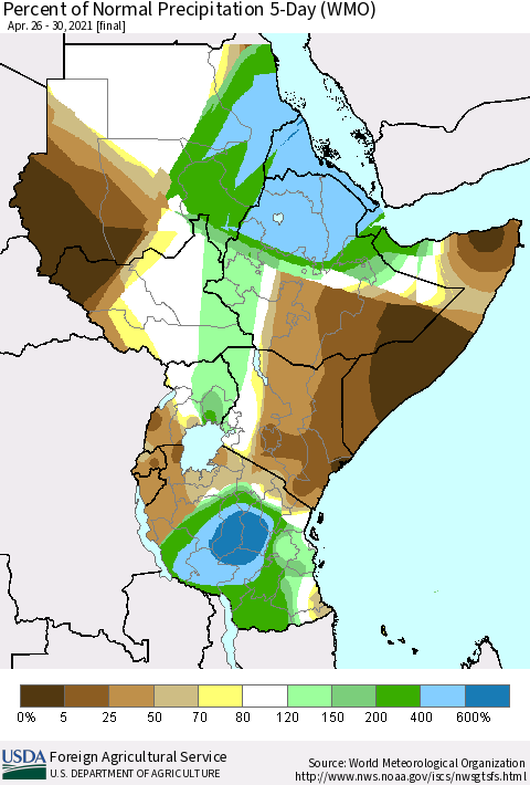 Eastern Africa Percent of Normal Precipitation 5-Day (WMO) Thematic Map For 4/26/2021 - 4/30/2021