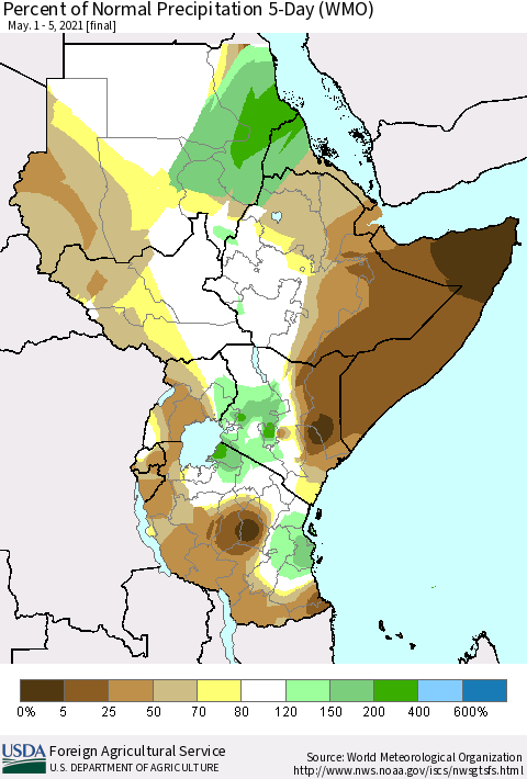 Eastern Africa Percent of Normal Precipitation 5-Day (WMO) Thematic Map For 5/1/2021 - 5/5/2021