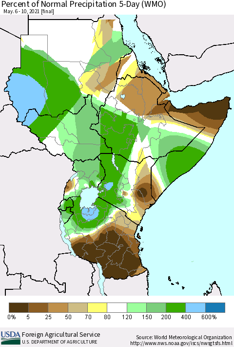 Eastern Africa Percent of Normal Precipitation 5-Day (WMO) Thematic Map For 5/6/2021 - 5/10/2021