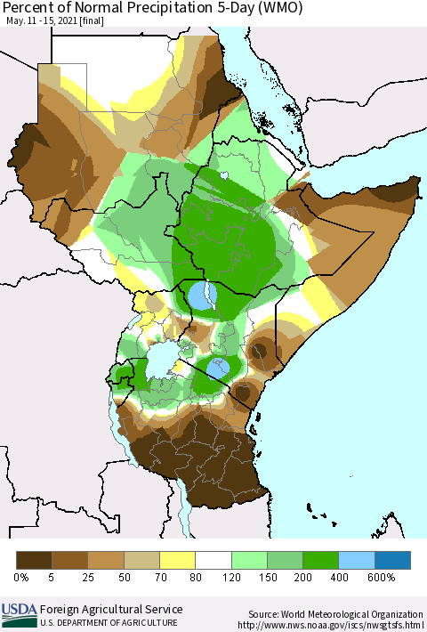 Eastern Africa Percent of Normal Precipitation 5-Day (WMO) Thematic Map For 5/11/2021 - 5/15/2021