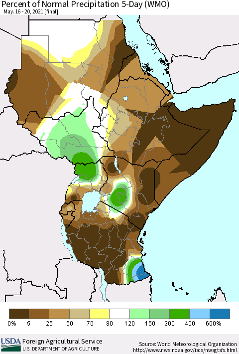 Eastern Africa Percent of Normal Precipitation 5-Day (WMO) Thematic Map For 5/16/2021 - 5/20/2021