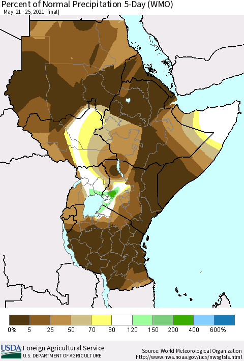 Eastern Africa Percent of Normal Precipitation 5-Day (WMO) Thematic Map For 5/21/2021 - 5/25/2021