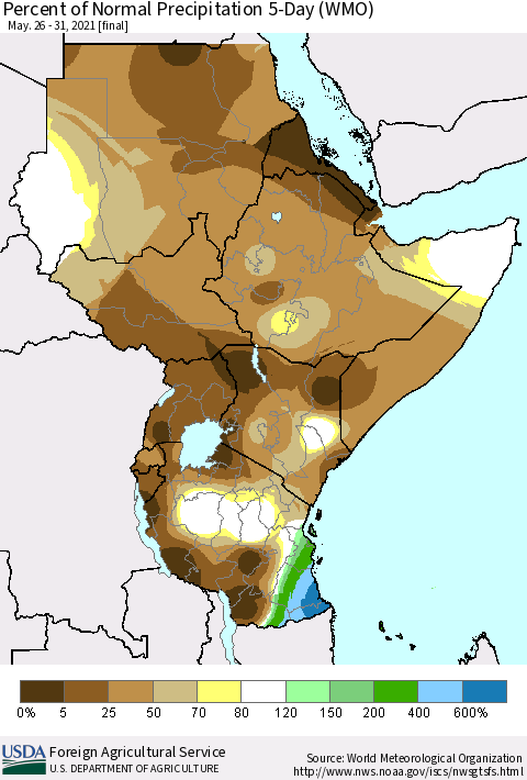 Eastern Africa Percent of Normal Precipitation 5-Day (WMO) Thematic Map For 5/26/2021 - 5/31/2021
