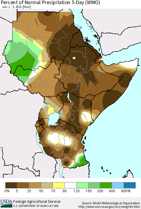 Eastern Africa Percent of Normal Precipitation 5-Day (WMO) Thematic Map For 6/1/2021 - 6/5/2021