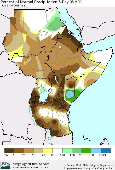 Eastern Africa Percent of Normal Precipitation 5-Day (WMO) Thematic Map For 6/6/2021 - 6/10/2021