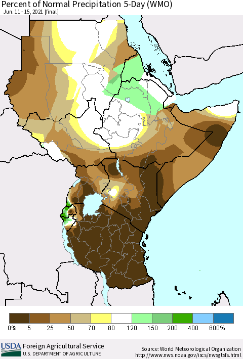 Eastern Africa Percent of Normal Precipitation 5-Day (WMO) Thematic Map For 6/11/2021 - 6/15/2021