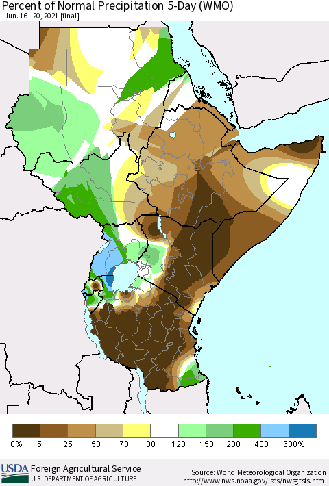 Eastern Africa Percent of Normal Precipitation 5-Day (WMO) Thematic Map For 6/16/2021 - 6/20/2021