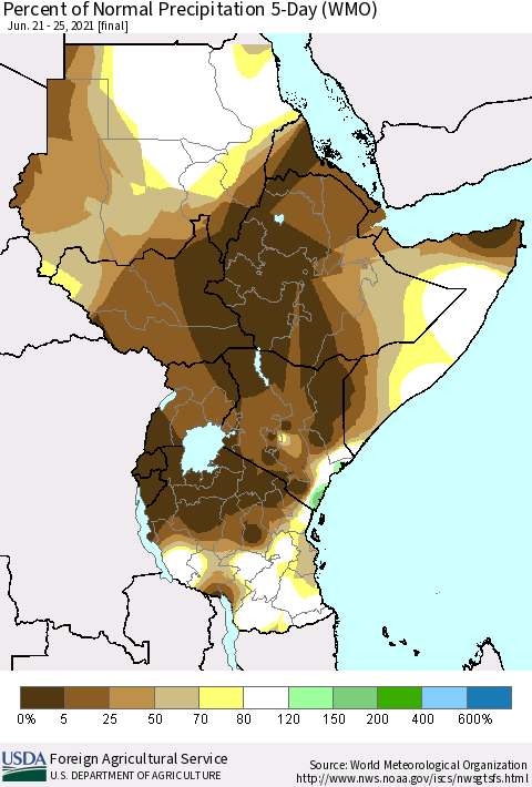 Eastern Africa Percent of Normal Precipitation 5-Day (WMO) Thematic Map For 6/21/2021 - 6/25/2021