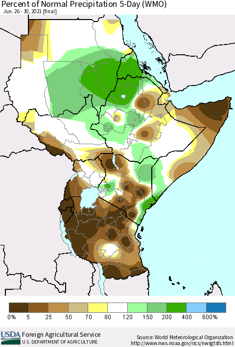 Eastern Africa Percent of Normal Precipitation 5-Day (WMO) Thematic Map For 6/26/2021 - 6/30/2021