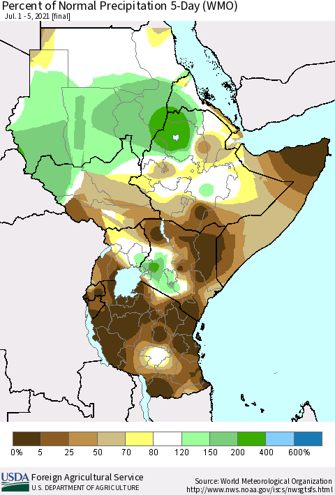 Eastern Africa Percent of Normal Precipitation 5-Day (WMO) Thematic Map For 7/1/2021 - 7/5/2021