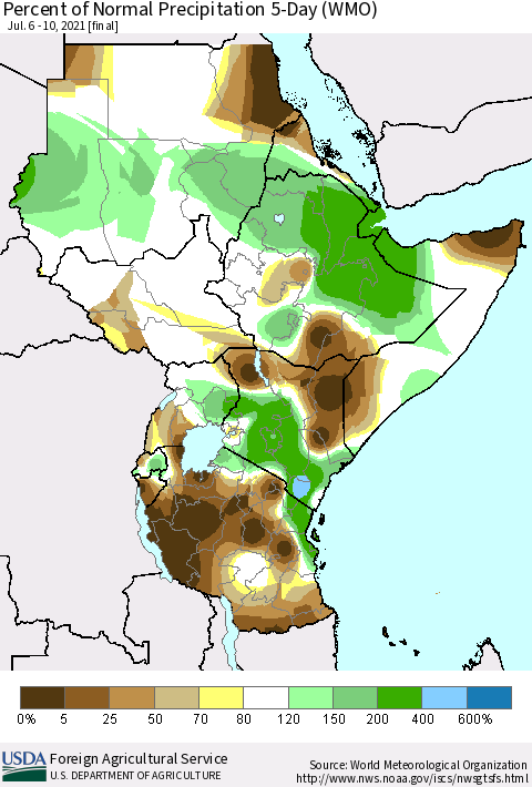 Eastern Africa Percent of Normal Precipitation 5-Day (WMO) Thematic Map For 7/6/2021 - 7/10/2021