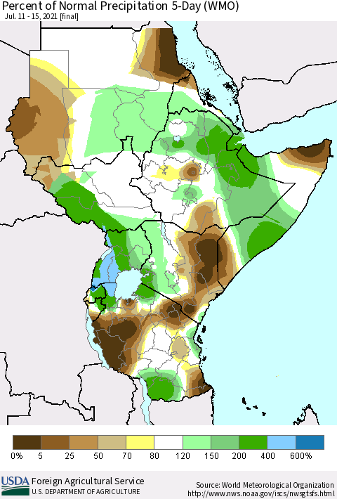 Eastern Africa Percent of Normal Precipitation 5-Day (WMO) Thematic Map For 7/11/2021 - 7/15/2021
