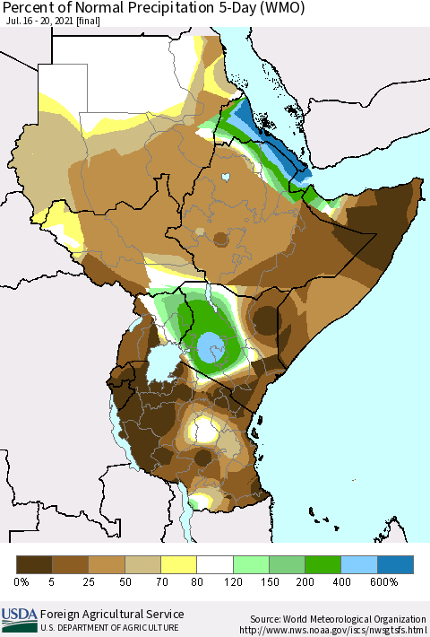 Eastern Africa Percent of Normal Precipitation 5-Day (WMO) Thematic Map For 7/16/2021 - 7/20/2021
