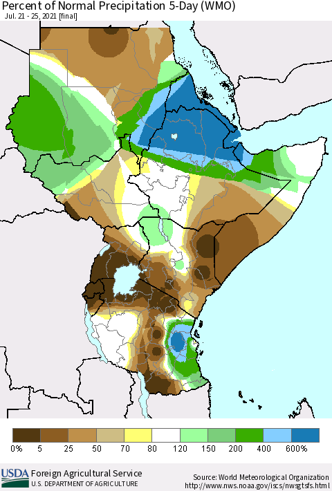 Eastern Africa Percent of Normal Precipitation 5-Day (WMO) Thematic Map For 7/21/2021 - 7/25/2021
