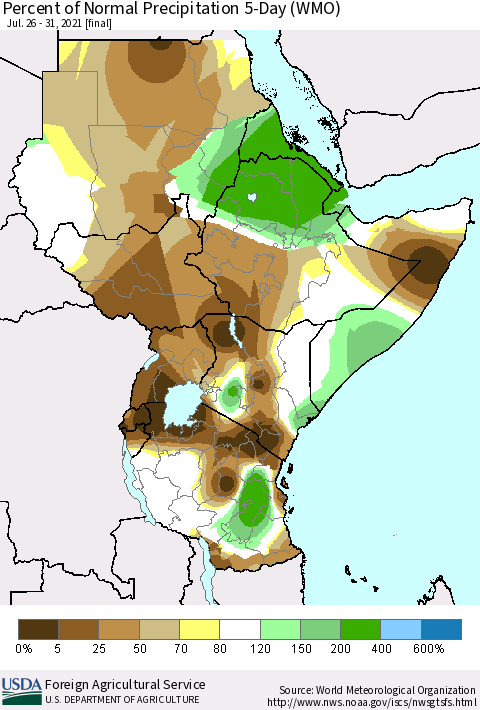 Eastern Africa Percent of Normal Precipitation 5-Day (WMO) Thematic Map For 7/26/2021 - 7/31/2021