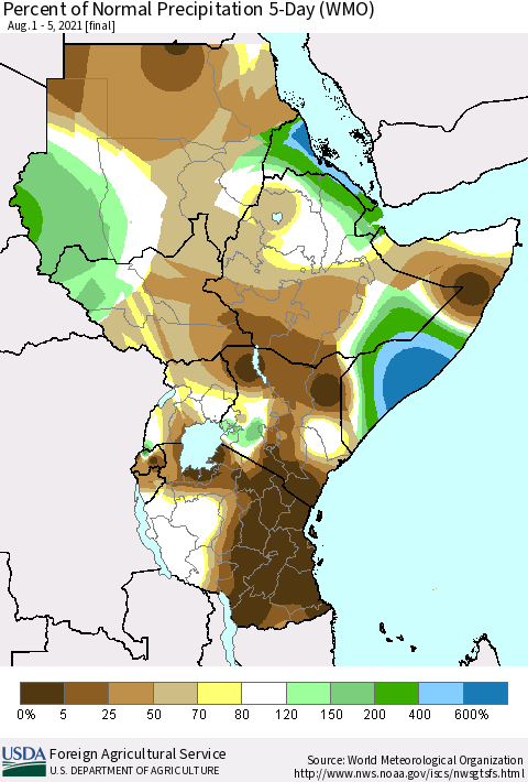 Eastern Africa Percent of Normal Precipitation 5-Day (WMO) Thematic Map For 8/1/2021 - 8/5/2021