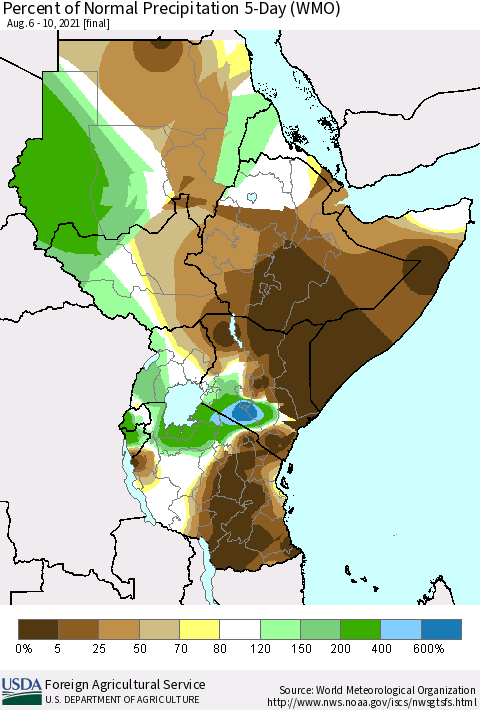 Eastern Africa Percent of Normal Precipitation 5-Day (WMO) Thematic Map For 8/6/2021 - 8/10/2021