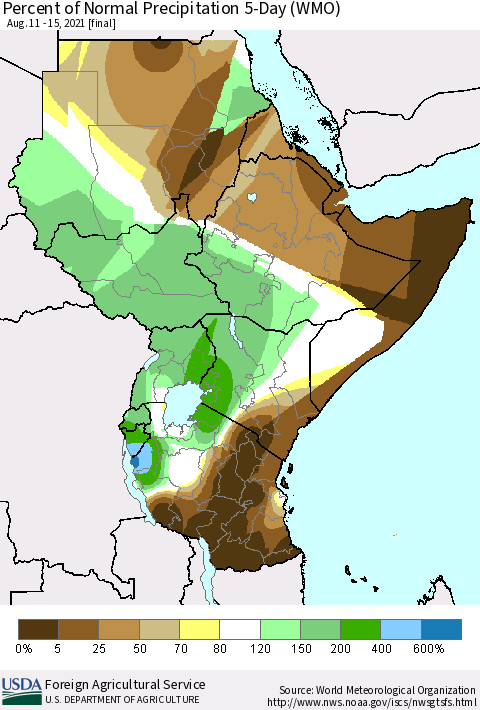 Eastern Africa Percent of Normal Precipitation 5-Day (WMO) Thematic Map For 8/11/2021 - 8/15/2021