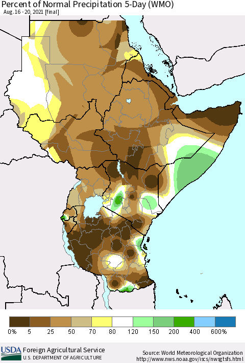 Eastern Africa Percent of Normal Precipitation 5-Day (WMO) Thematic Map For 8/16/2021 - 8/20/2021