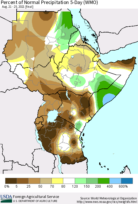 Eastern Africa Percent of Normal Precipitation 5-Day (WMO) Thematic Map For 8/21/2021 - 8/25/2021