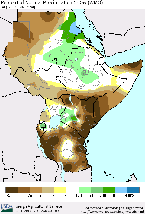 Eastern Africa Percent of Normal Precipitation 5-Day (WMO) Thematic Map For 8/26/2021 - 8/31/2021