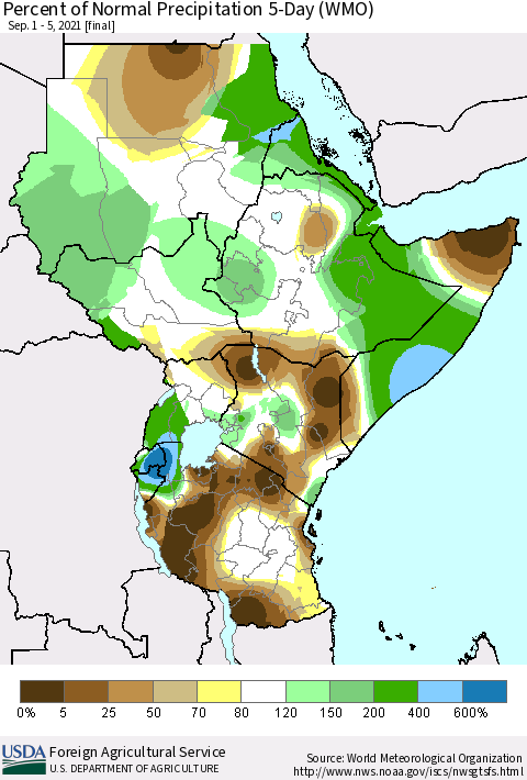 Eastern Africa Percent of Normal Precipitation 5-Day (WMO) Thematic Map For 9/1/2021 - 9/5/2021