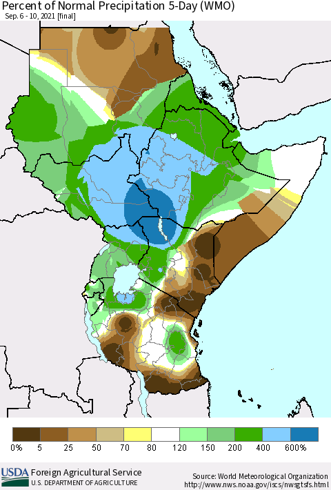 Eastern Africa Percent of Normal Precipitation 5-Day (WMO) Thematic Map For 9/6/2021 - 9/10/2021