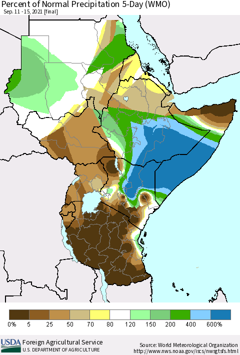 Eastern Africa Percent of Normal Precipitation 5-Day (WMO) Thematic Map For 9/11/2021 - 9/15/2021