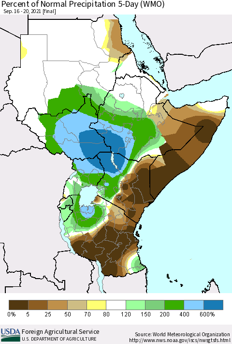 Eastern Africa Percent of Normal Precipitation 5-Day (WMO) Thematic Map For 9/16/2021 - 9/20/2021