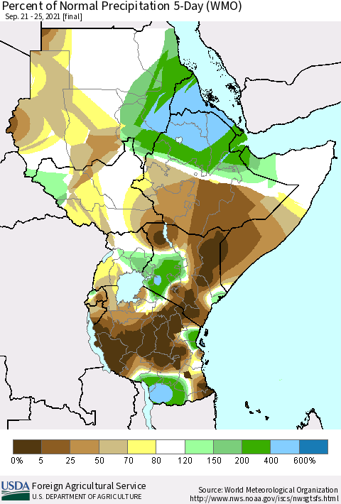 Eastern Africa Percent of Normal Precipitation 5-Day (WMO) Thematic Map For 9/21/2021 - 9/25/2021