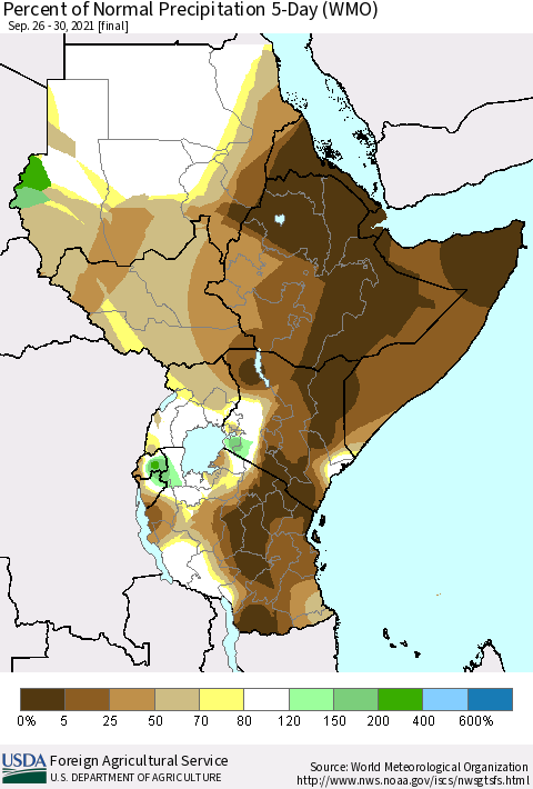 Eastern Africa Percent of Normal Precipitation 5-Day (WMO) Thematic Map For 9/26/2021 - 9/30/2021