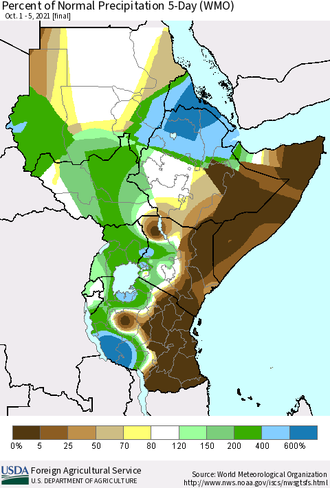 Eastern Africa Percent of Normal Precipitation 5-Day (WMO) Thematic Map For 10/1/2021 - 10/5/2021