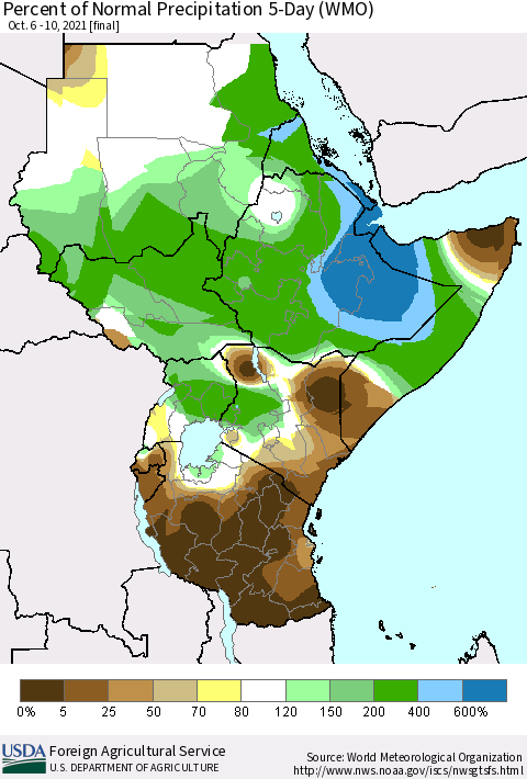 Eastern Africa Percent of Normal Precipitation 5-Day (WMO) Thematic Map For 10/6/2021 - 10/10/2021