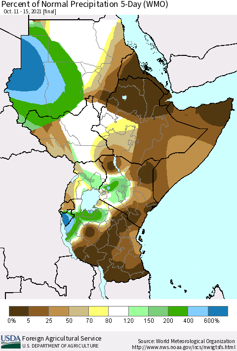 Eastern Africa Percent of Normal Precipitation 5-Day (WMO) Thematic Map For 10/11/2021 - 10/15/2021