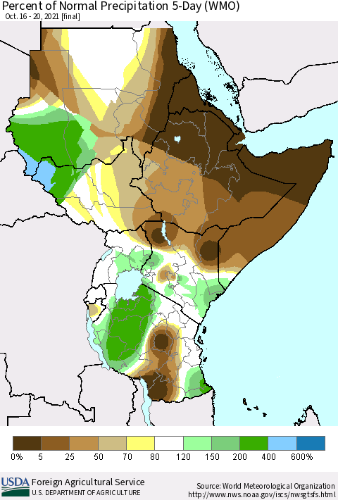 Eastern Africa Percent of Normal Precipitation 5-Day (WMO) Thematic Map For 10/16/2021 - 10/20/2021