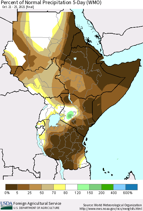 Eastern Africa Percent of Normal Precipitation 5-Day (WMO) Thematic Map For 10/21/2021 - 10/25/2021